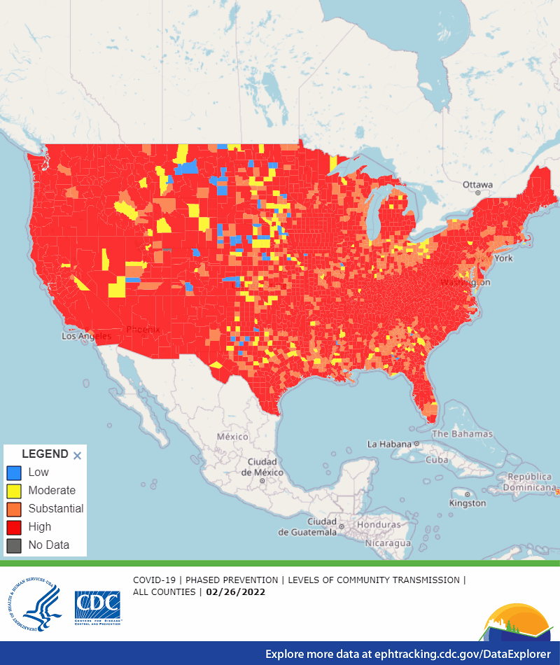GIF: Progression Map made available by CDC COVID Data Tracker, representing a decrease in severity of community transmission during the range February 26-March 28, 2022